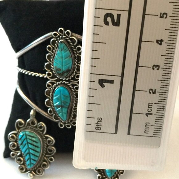 3PC VINTAGE NAVAJO TURQUOISE LEAF STERLING SILVER RING PENDANT CUFF BRACELET 34g - Picture 10 of 12
